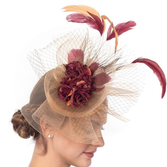 Chic Tan and Red Feather Fascinator Hat - Picture 5 of 5